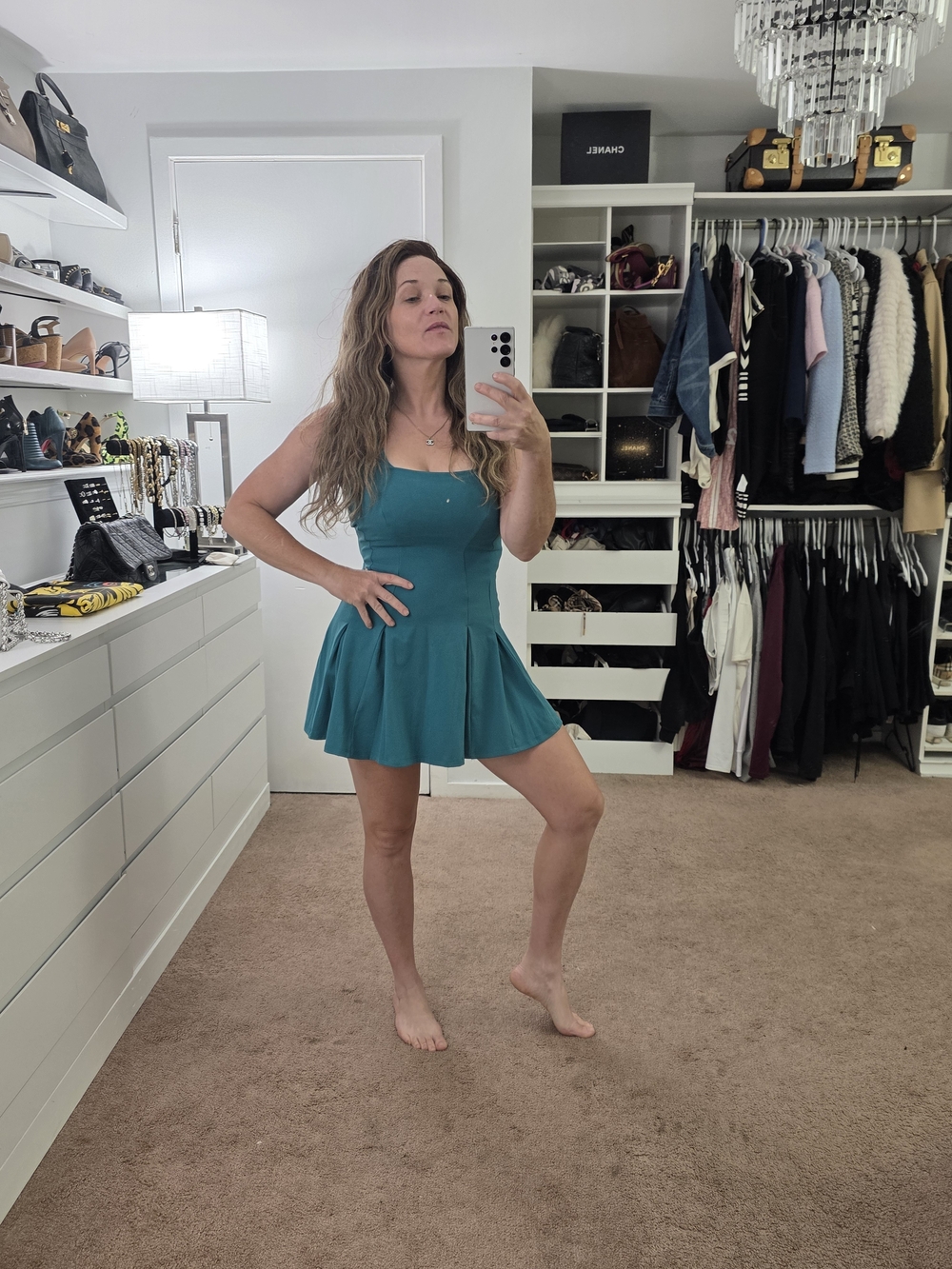 ALO Yoga Teal Square-Neck Fit & Flare Mini Dress